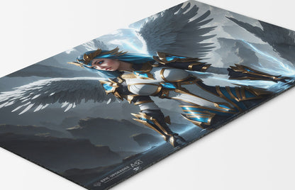 a beautiful azorius angel avian based on magic the gathering cards. mtg background. 24 inch by 14 inch play mat