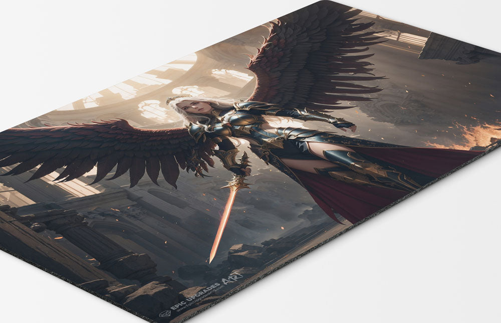 a beautiful boros angel holding a flaming sword based on magic the gathering cards. mtg background. 24 inch by 14 inch play mat