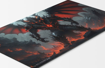 a terrifying rakdos themed demon  based on magic the gathering cards. mtg background. red black mana 24 inch by 14 inch play mat