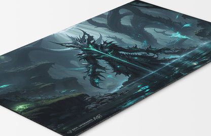 a terrifying simic growth themed creation based on magic the gathering cards. mtg background. green blue mana 24 inch by 14 inch play mat