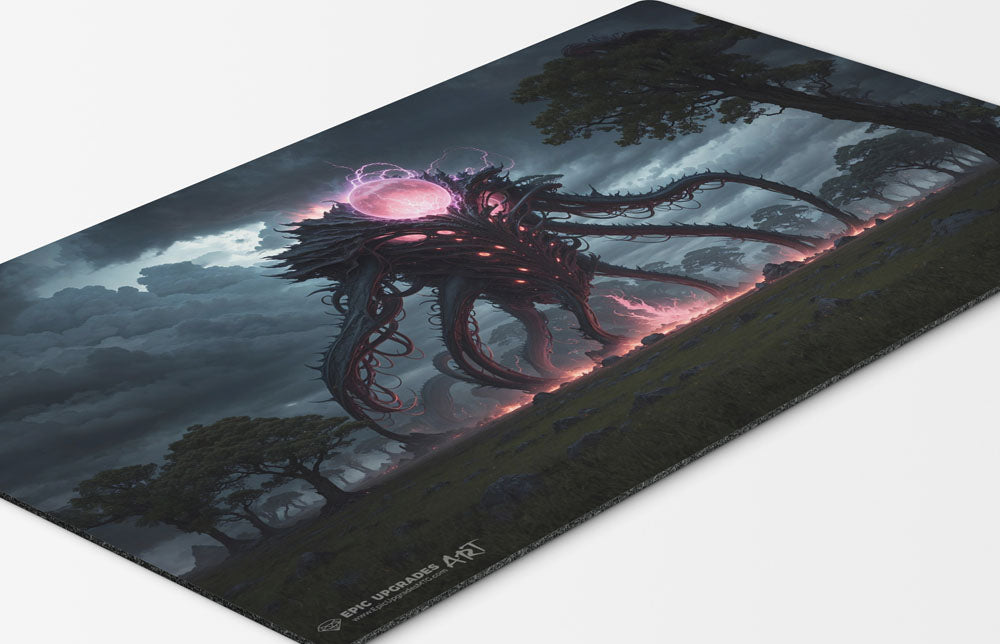 a colossal eldrazi themed colorless monster based on magic the gathering cards. mtg background. void mana 24 inch by 14 inch play mat