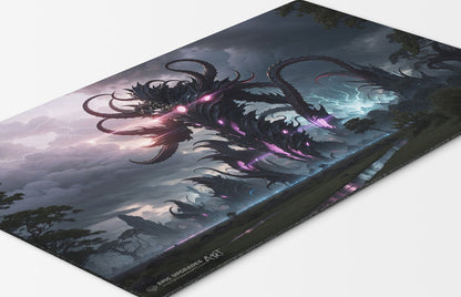 a colossal eldrazi themed colorless monster based on magic the gathering cards. mtg background. void mana 24 inch by 14 inch play mat