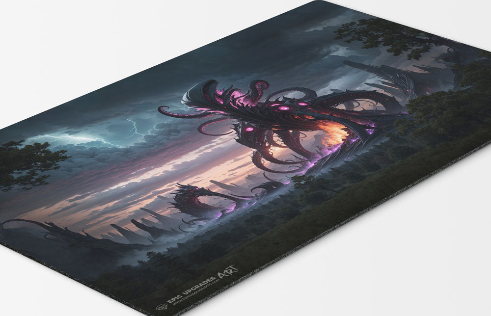 a colossal eldrazi themed colorless monster based on magic the gathering cards. mtg background. void mana 24 inch by 14 inch play mat