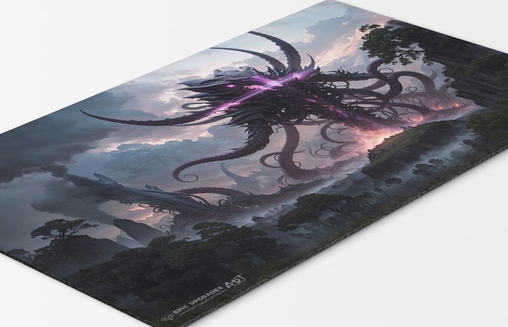 a colossal eldrazi themed colorless monster based on magic the gathering cards. mtg background. void mana 24 inch by 14 inch play mat