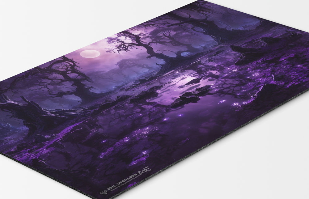 a breathtaking purple moonlit swamp with trees. mono black mana mtg player playmat. 24 by 14 inches cloth top rubber bottom.