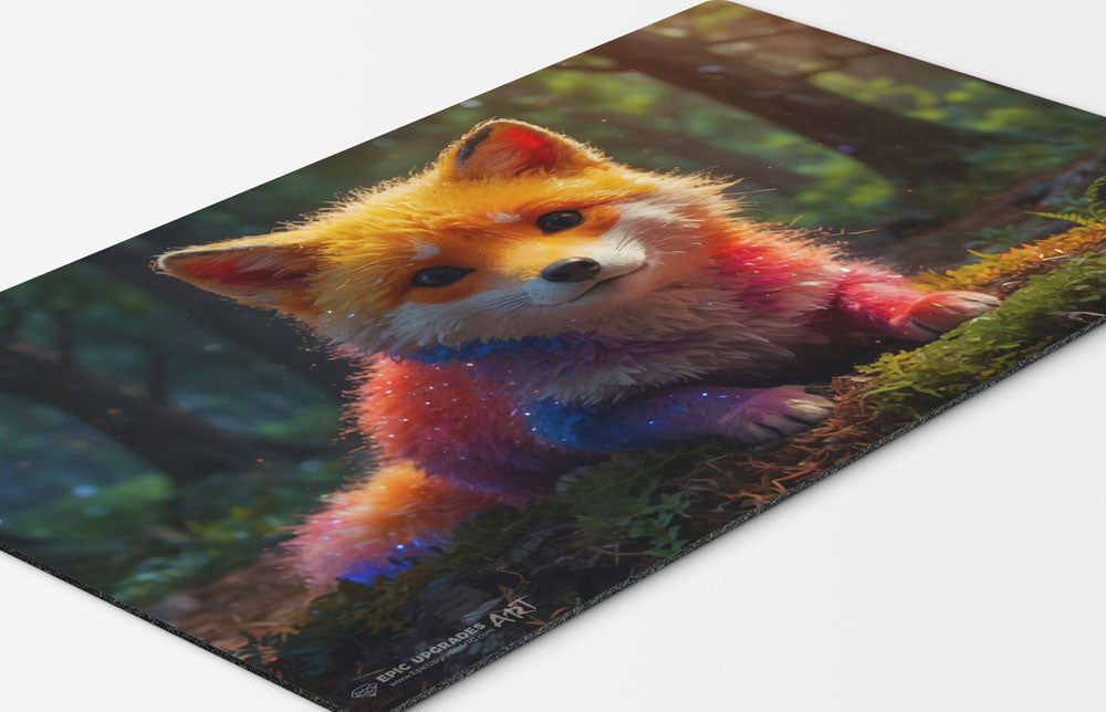 an adorable baby rainbow fox playmat for mtg magic the gathering pokemon yugioh flesh and blood fab tcg players. 24 inch by 14 inch play mat card game accessories