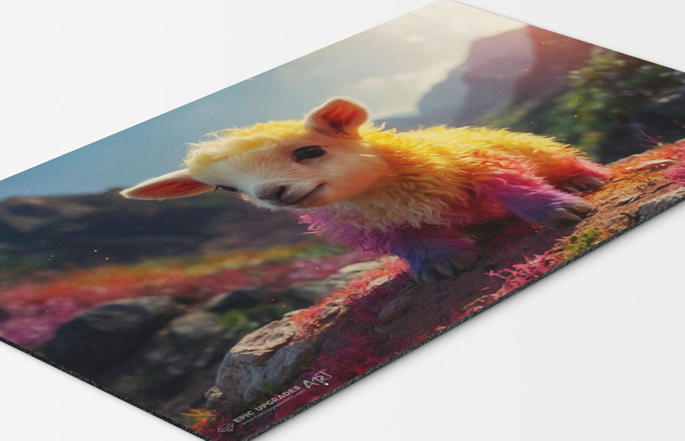 an adorable baby rainbow goat playmat for mtg magic the gathering pokemon yugioh flesh and blood fab tcg players. 24 inch by 14 inch play mat card game accessories