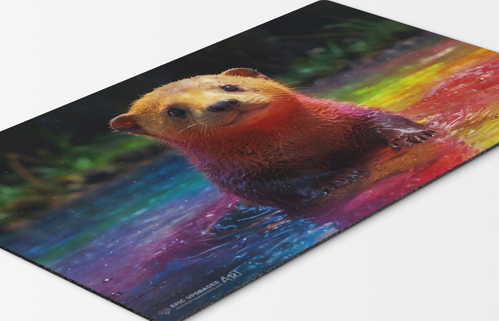 an adorable baby rainbow otter playmat for mtg magic the gathering pokemon yugioh flesh and blood fab tcg players. 24 inch by 14 inch play mat card game accessories