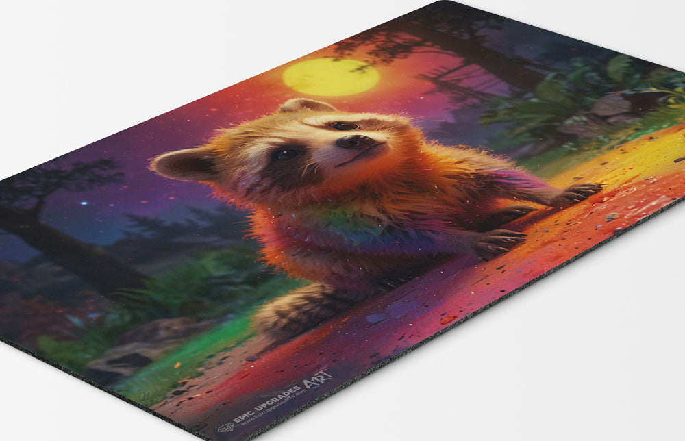 an adorable baby rainbow raccoon playmat for mtg magic the gathering pokemon yugioh flesh and blood fab tcg players. 24 inch by 14 inch play mat card game accessories