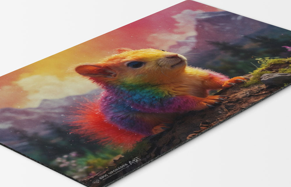 an adorable baby rainbow squirrel playmat for mtg magic the gathering pokemon yugioh flesh and blood fab tcg players. 24 inch by 14 inch play mat card game accessories