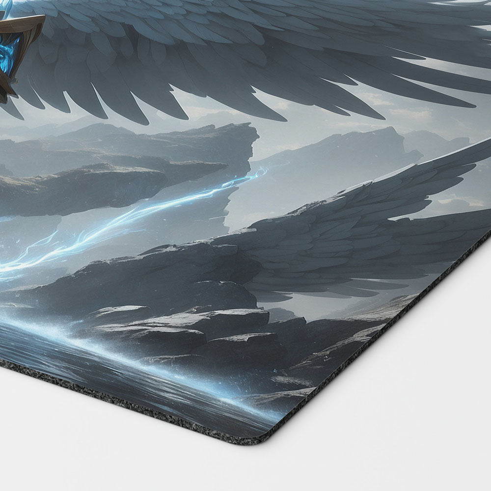 a beautiful azorius angel avian based on magic the gathering cards. mtg background. 24 inch by 14 inch play mat