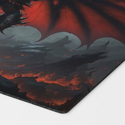 a terrifying rakdos themed demon  based on magic the gathering cards. mtg background. red black mana 24 inch by 14 inch play mat