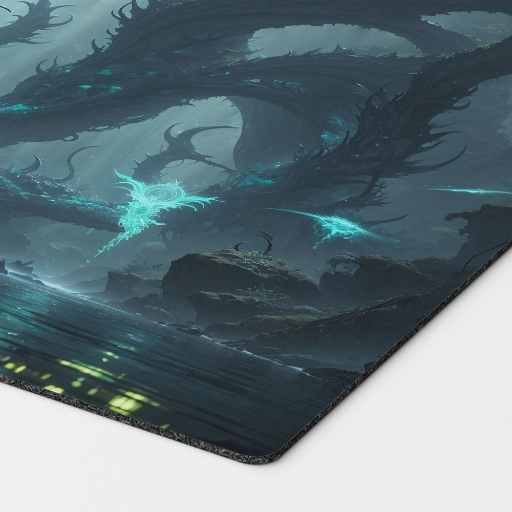 a terrifying simic growth themed creation based on magic the gathering cards. mtg background. green blue mana 24 inch by 14 inch play mat