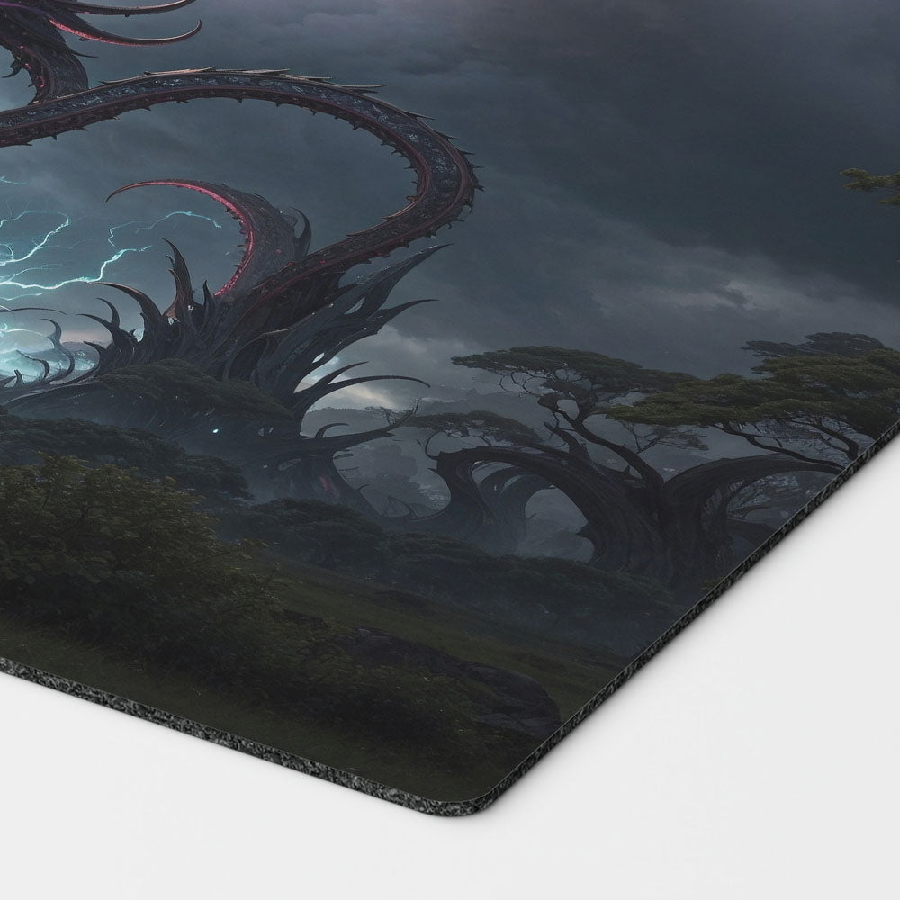 a colossal eldrazi themed colorless monster based on magic the gathering cards. mtg background. void mana 24 inch by 14 inch play mat