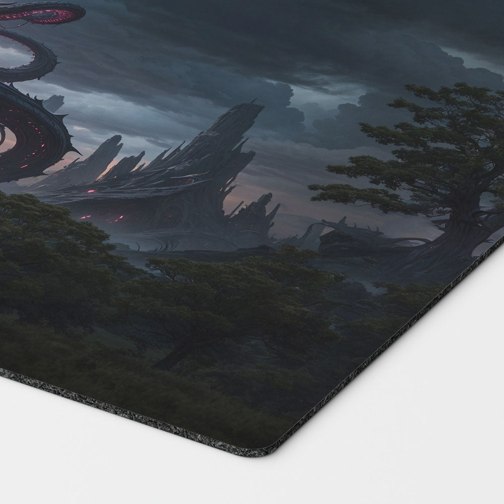 a colossal eldrazi themed colorless monster based on magic the gathering cards. mtg background. void mana 24 inch by 14 inch play mat