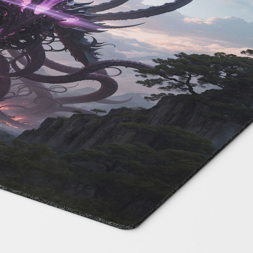 a colossal eldrazi themed colorless monster based on magic the gathering cards. mtg background. void mana 24 inch by 14 inch play mat