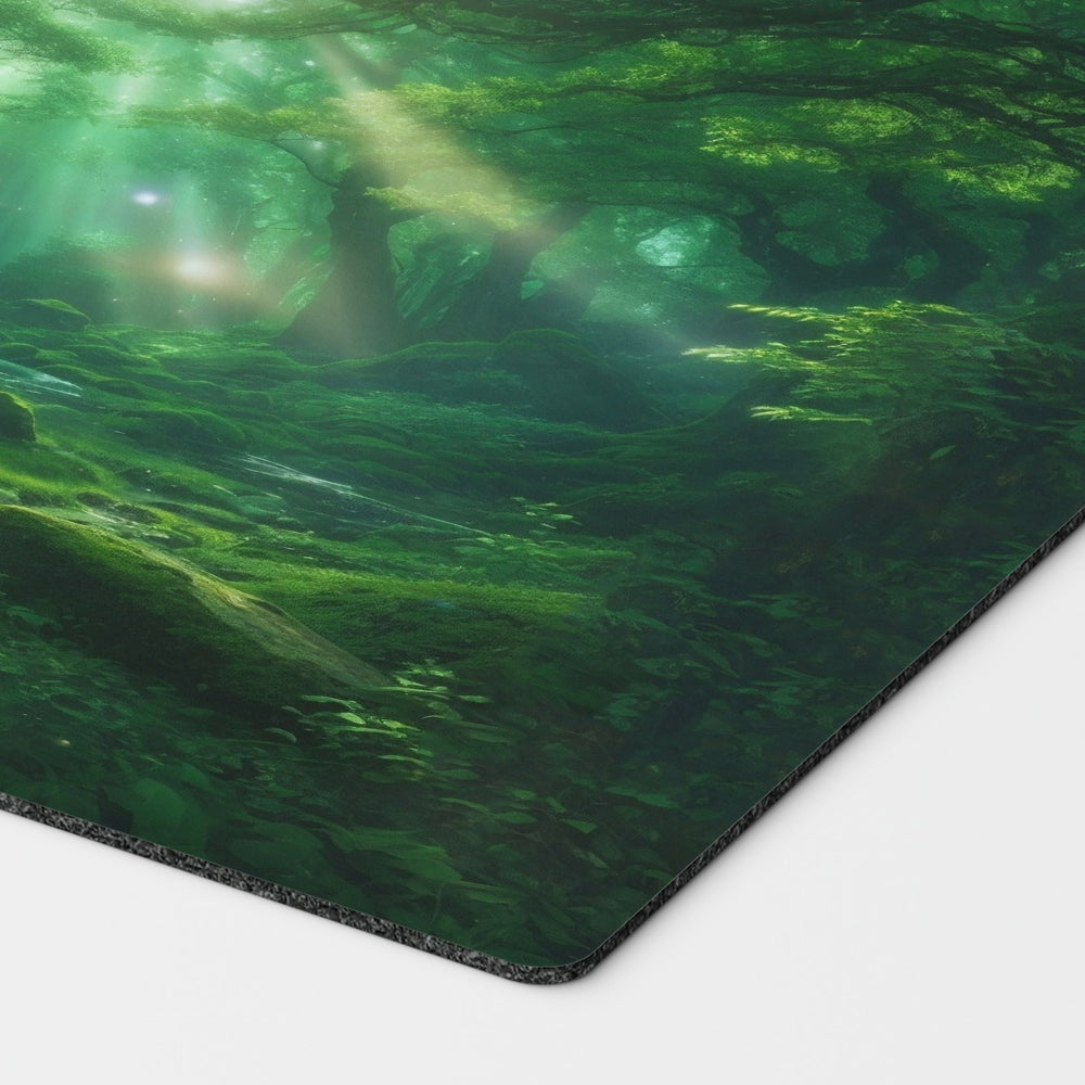 a beautiful green forest. mono green mana mtg player playmat. 24 by 14 inches cloth top rubber bottom.