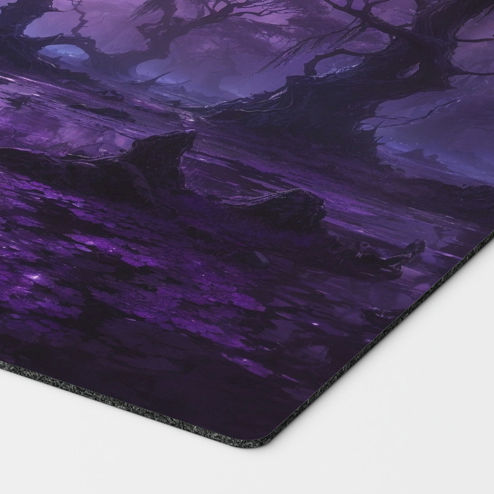 a breathtaking purple moonlit swamp with trees. mono black mana mtg player playmat. 24 by 14 inches cloth top rubber bottom.