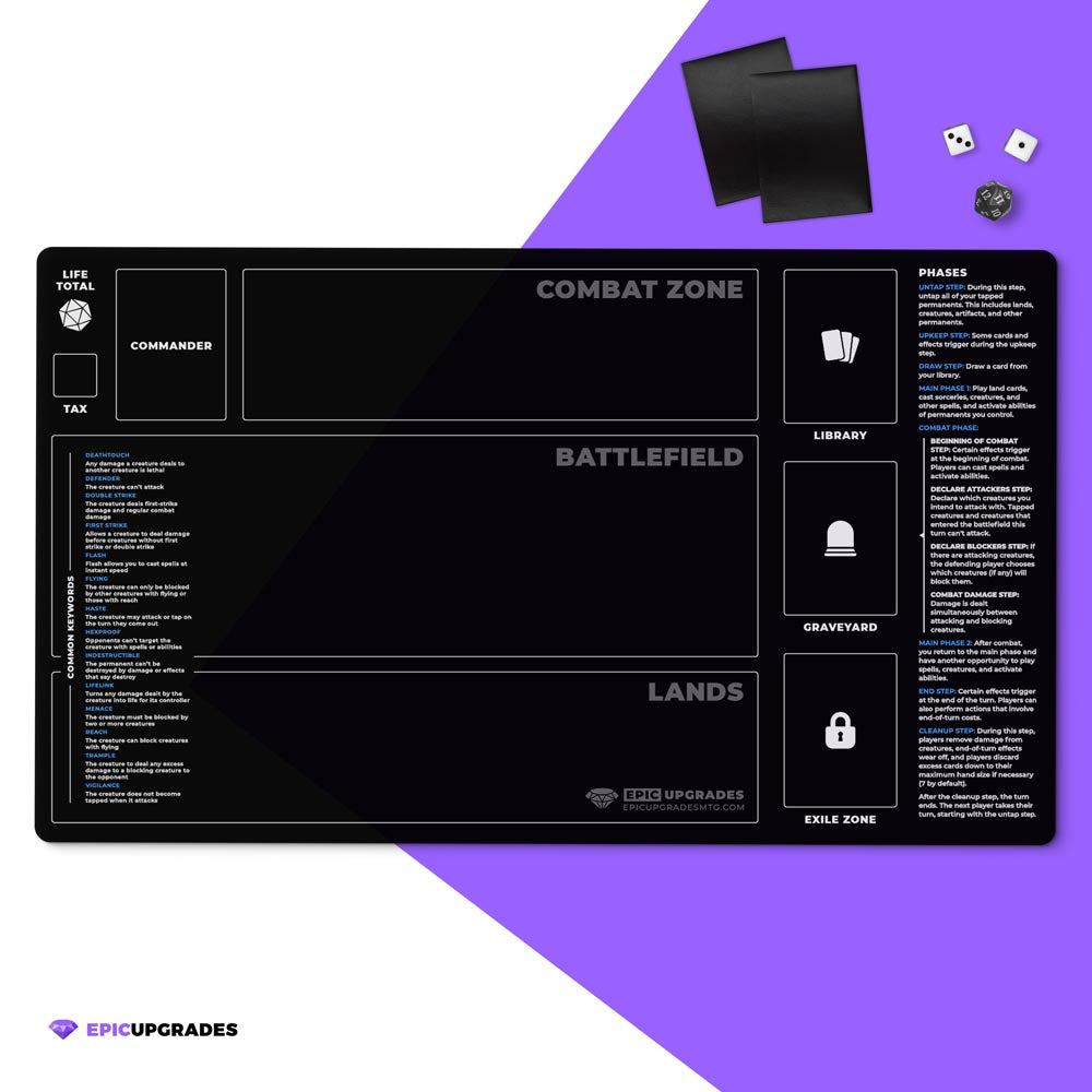 Beginner playmat for magic the gathering commander EDH players. Rookie play mat mtg newbies with zones, phases, keywords, and life total. 14 by 24 inch dimensions. helpful learning gift for tcg newcomers