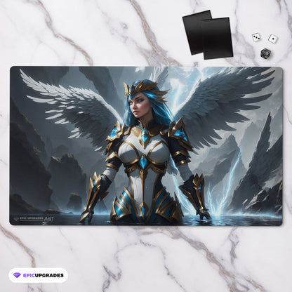 a beautiful azorius angel avian based on magic the gathering cards. mtg background. 24 inch by 14 inch play mat