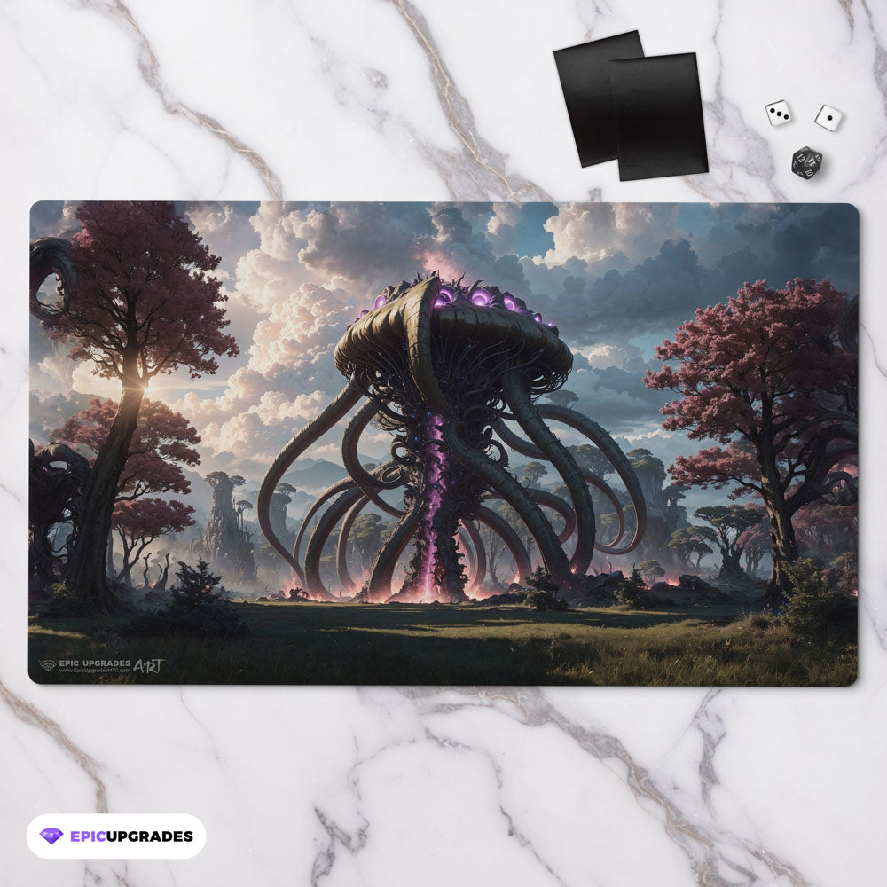 a colossal eldrazi themed colorless monster based on magic the gathering cards. mtg background. void mana 24 inch by 14 inch play mat