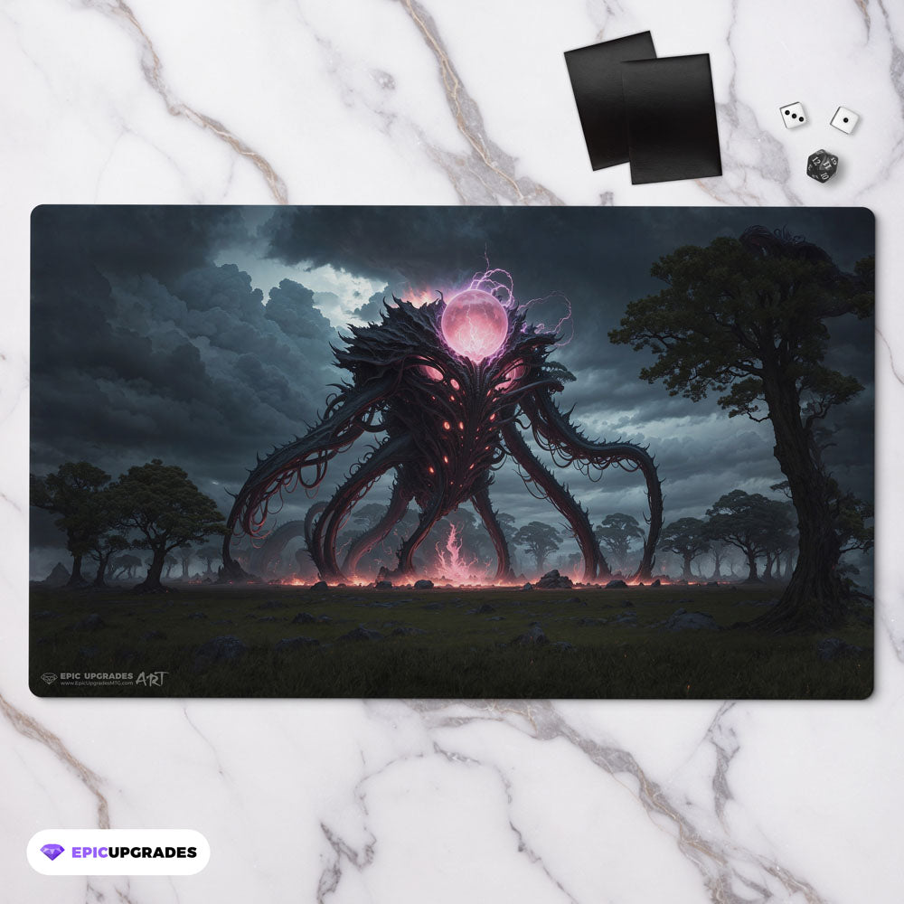 a colossal eldrazi themed colorless monster based on magic the gathering cards. mtg background. void mana 24 inch by 14 inch play mat