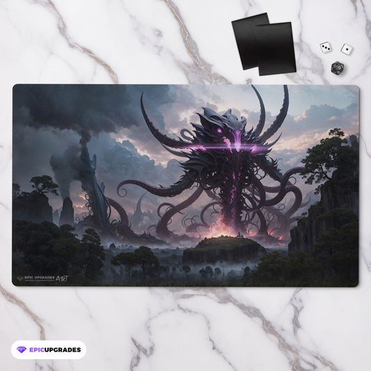 a colossal eldrazi themed colorless monster based on magic the gathering cards. mtg background. void mana 24 inch by 14 inch play mat