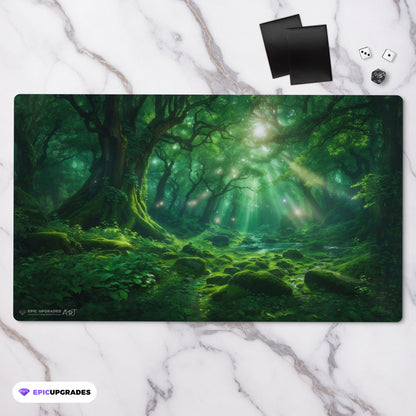 a beautiful green forest. mono green mana mtg player playmat. 24 by 14 inches cloth top rubber bottom.