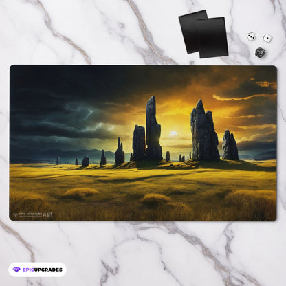 a beautiful yellow plains with monoliths and a storm brewing. mono white mana mtg player playmat. 24 by 14 inches cloth top rubber bottom.