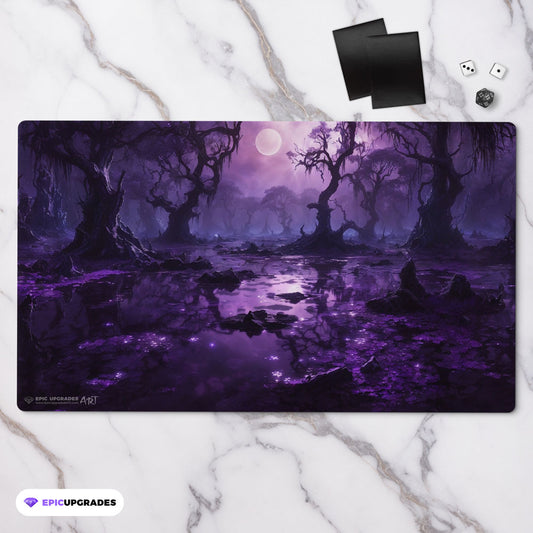 a breathtaking purple moonlit swamp with trees. mono black mana mtg player playmat. 24 by 14 inches cloth top rubber bottom.