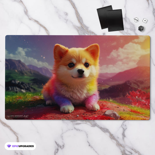 an adorable baby rainbow puppy dog playmat for mtg magic the gathering pokemon yugioh flesh and blood fab tcg players. 24 inch by 14 inch play mat card game accessories