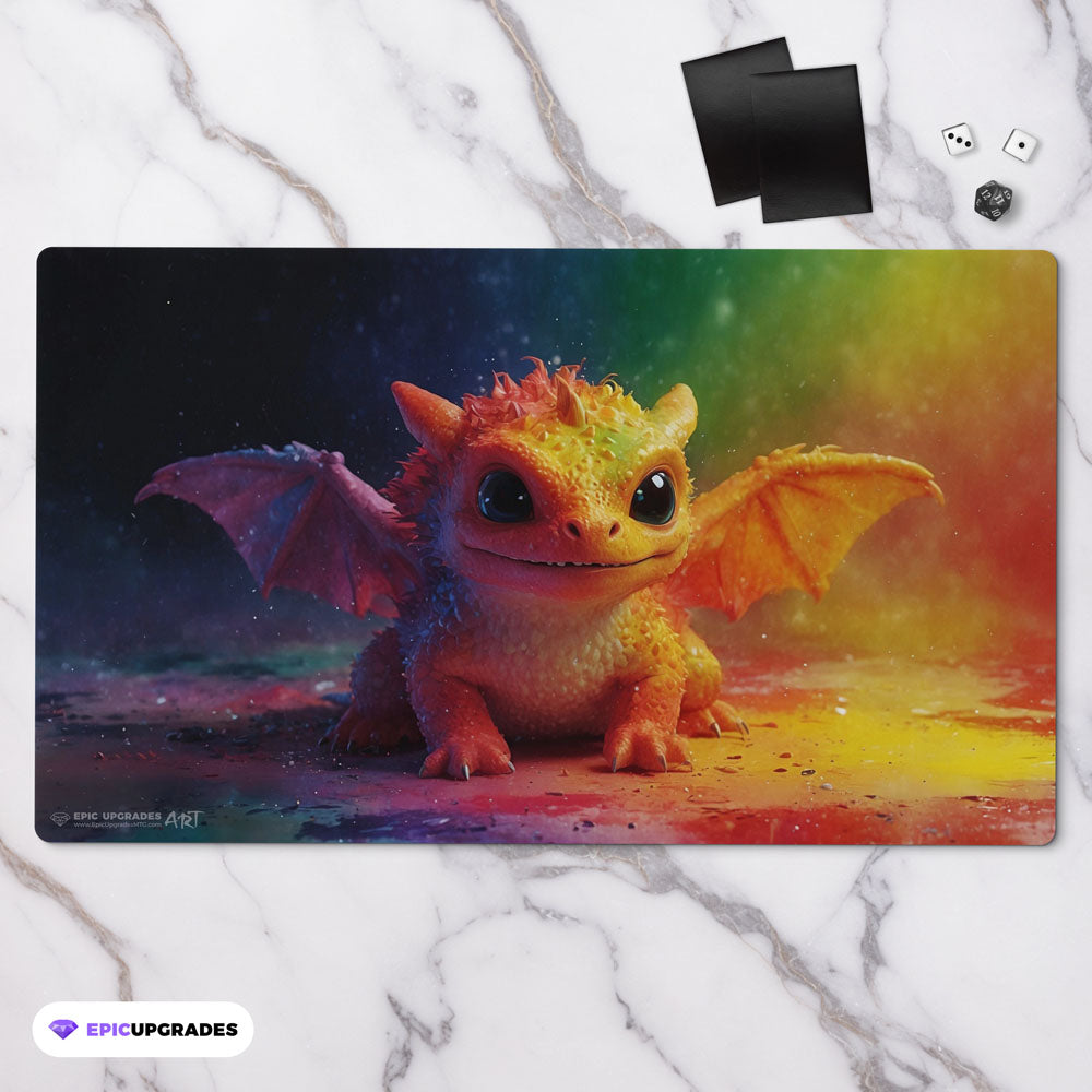 an adorable baby dragon playmat for mtg magic the gathering pokemon yugioh flesh and blood fab tcg players. 24 inch by 14 inch play mat card game accessories