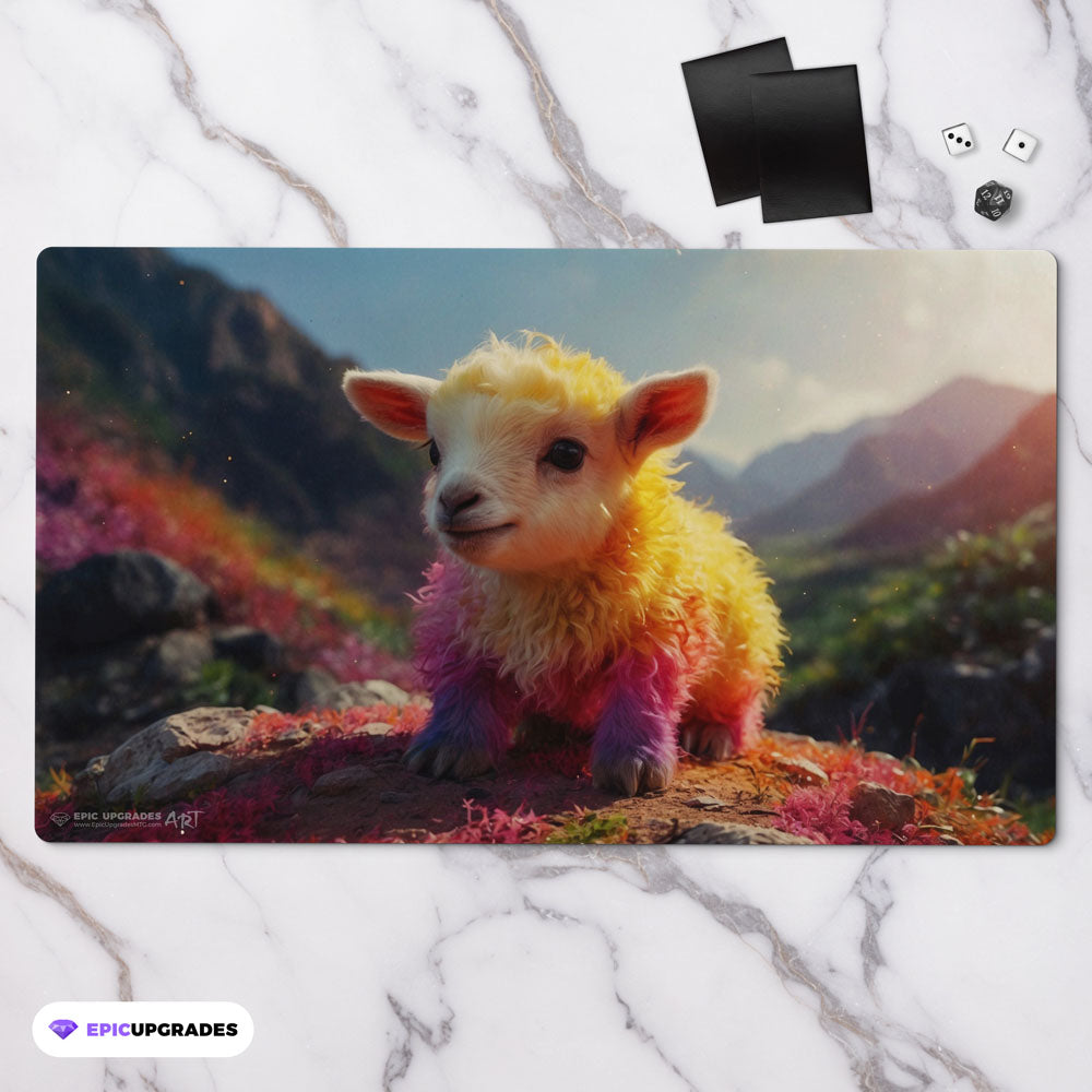 an adorable baby rainbow goat playmat for mtg magic the gathering pokemon yugioh flesh and blood fab tcg players. 24 inch by 14 inch play mat card game accessories