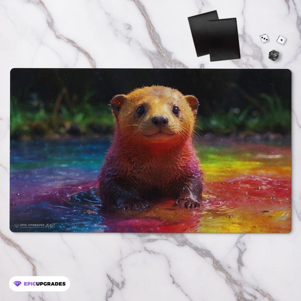 an adorable baby rainbow otter playmat for mtg magic the gathering pokemon yugioh flesh and blood fab tcg players. 24 inch by 14 inch play mat card game accessories