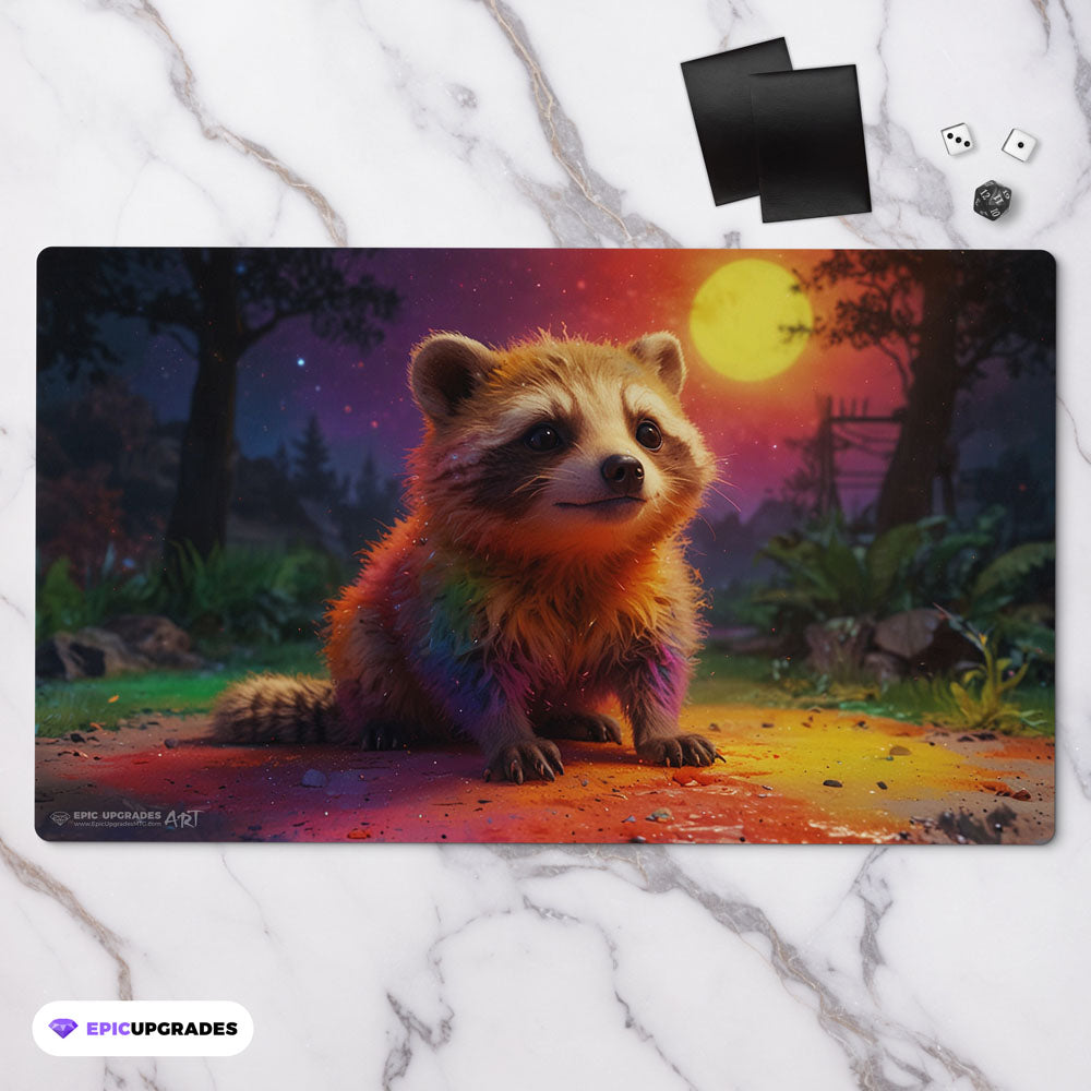 an adorable baby rainbow raccoon playmat for mtg magic the gathering pokemon yugioh flesh and blood fab tcg players. 24 inch by 14 inch play mat card game accessories