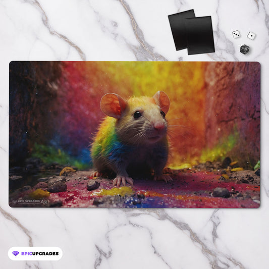 an adorable baby rainbow rat playmat for mtg magic the gathering pokemon yugioh flesh and blood fab tcg players. 24 inch by 14 inch play mat card game accessories