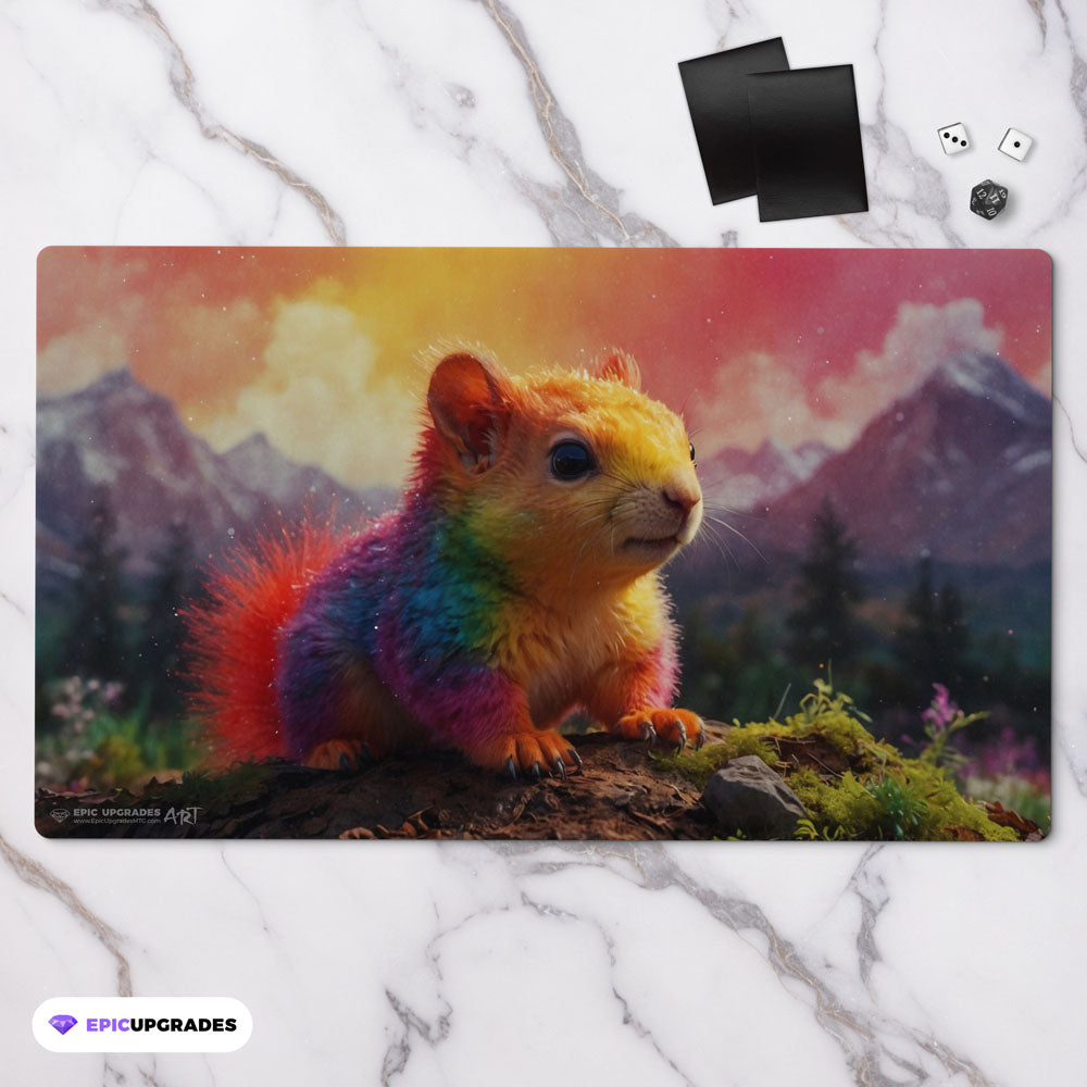 an adorable baby rainbow squirrel playmat for mtg magic the gathering pokemon yugioh flesh and blood fab tcg players. 24 inch by 14 inch play mat card game accessories