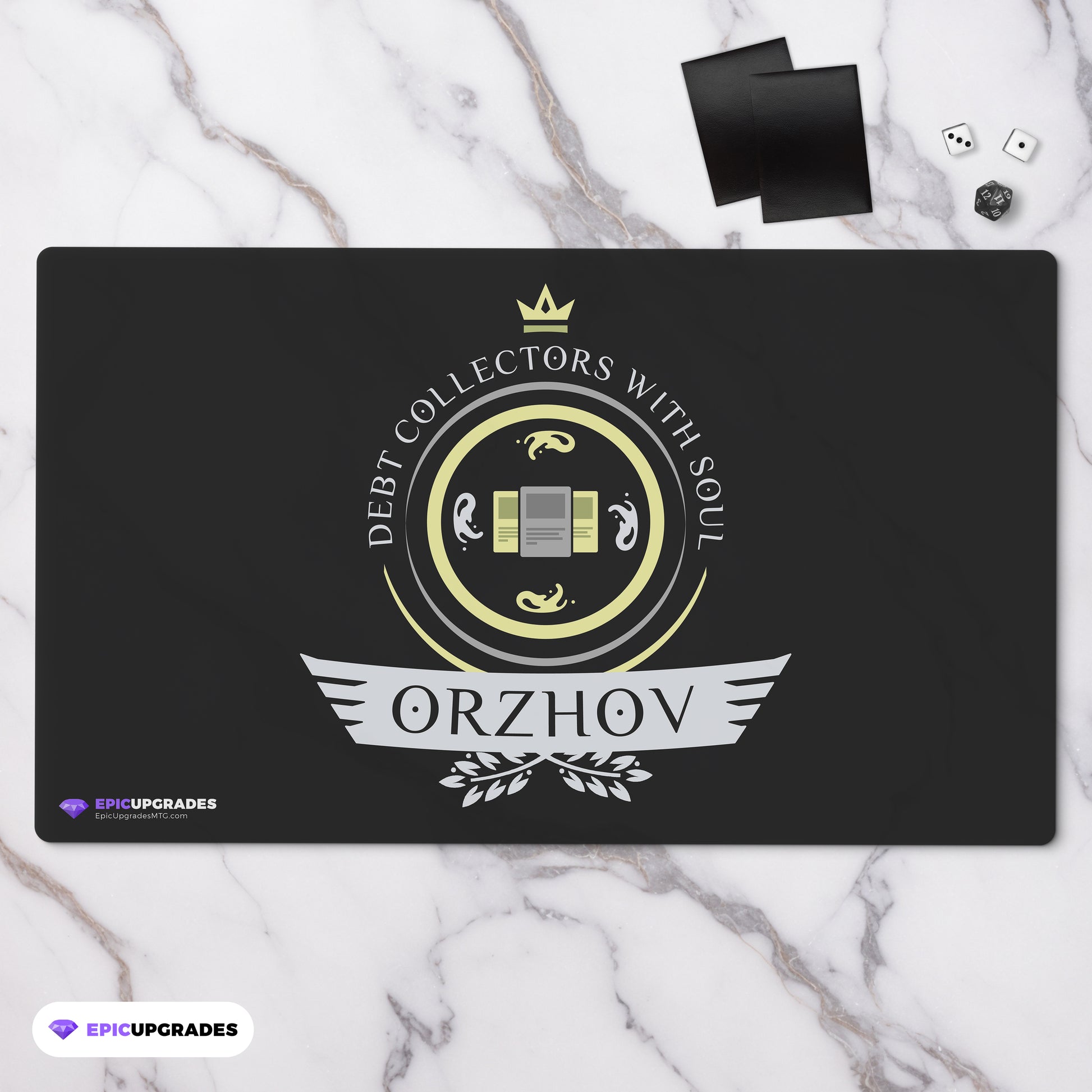 An elegant Orzhov-themed MTG playmat featuring a striking blend of black and white colors. Intricate motifs of angels, guild symbols, and opulent architecture adorn this beautifully designed playmat, capturing the essence of Orzhov's power and ambition.